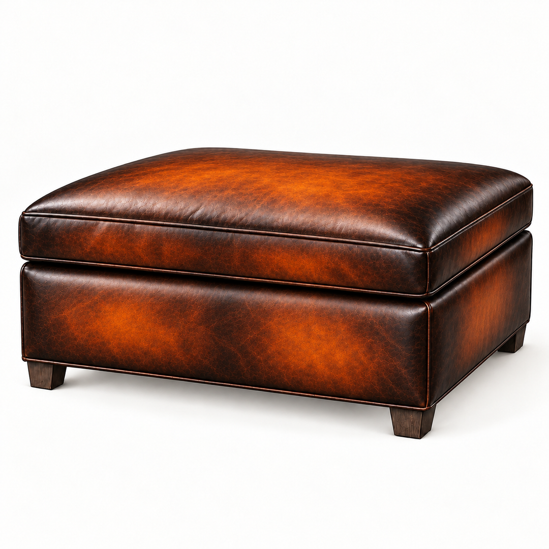 WB-046: Jersey Storage frame in all-leather Whiskey Barrel finish, black-burnished seams and warm cognac centers; illustrative rendering