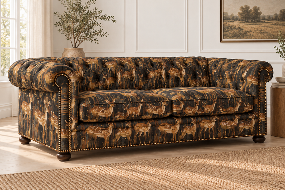 Dem Deer Cowboss performance fabric sofa — styled left three-quarter rendering