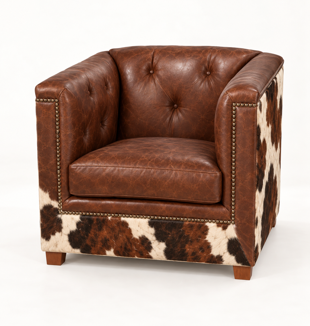 Mezcal chair in Bandwagon Dark Chocolate leather and tri-color cowhide — design rendering