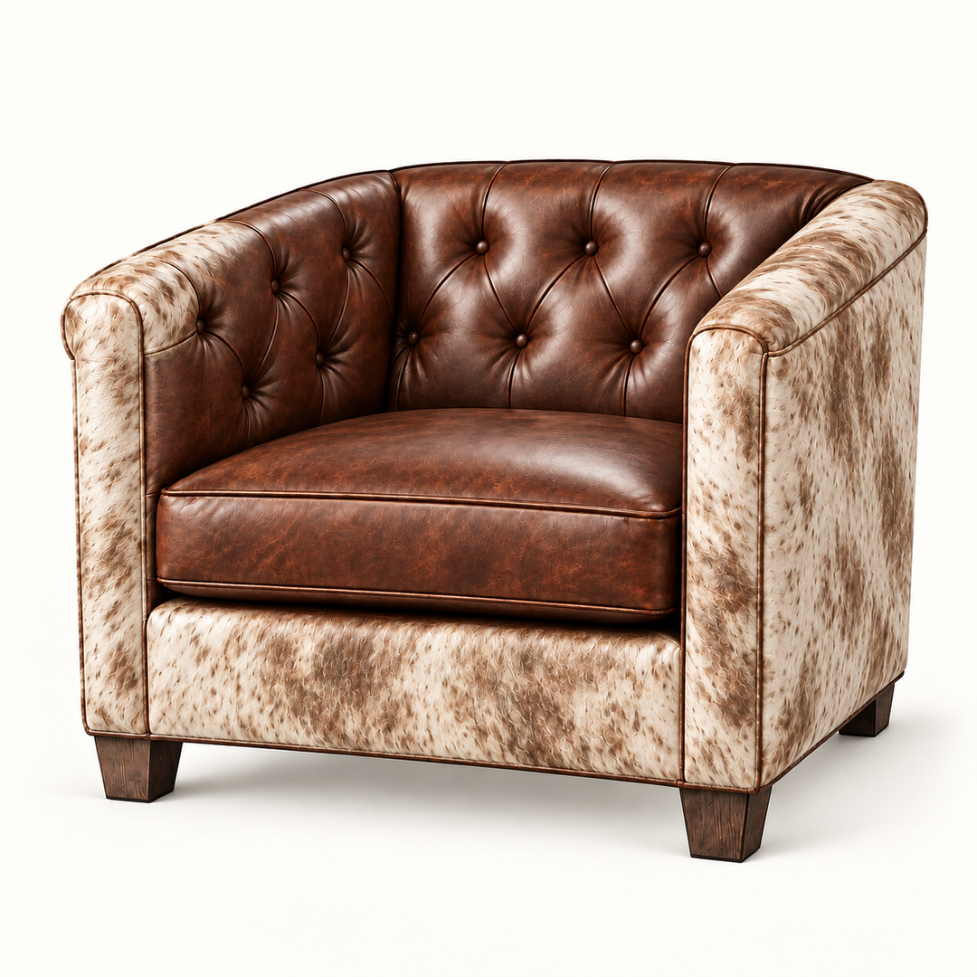 Mezcal Chair in Gunslinger Mustang leather and Champagne Brindle cowhide — illustrative design rendering